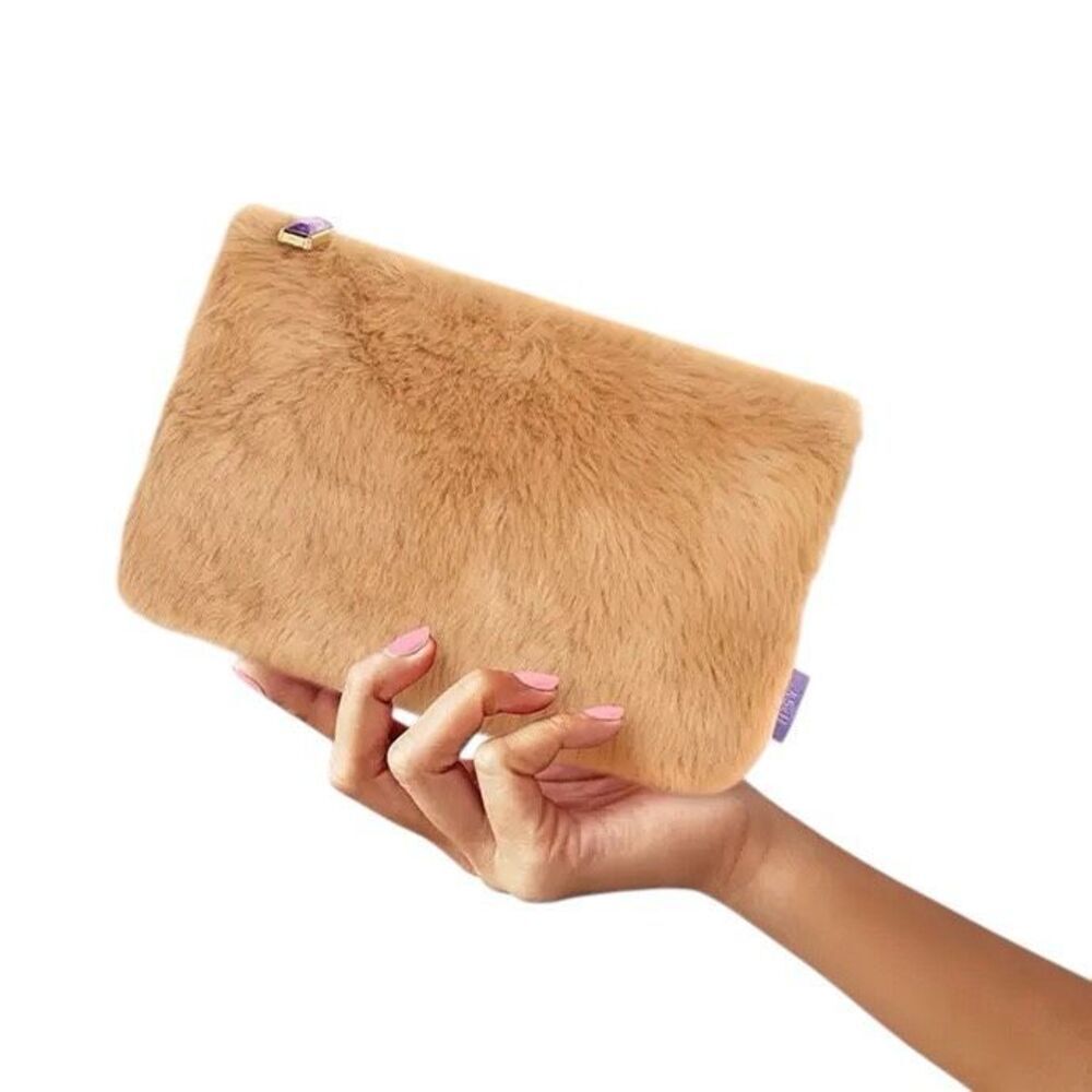 Brand New Ipsy HTF Faux Fur Lavender Lined Cosmetic Travel Makeup Bag